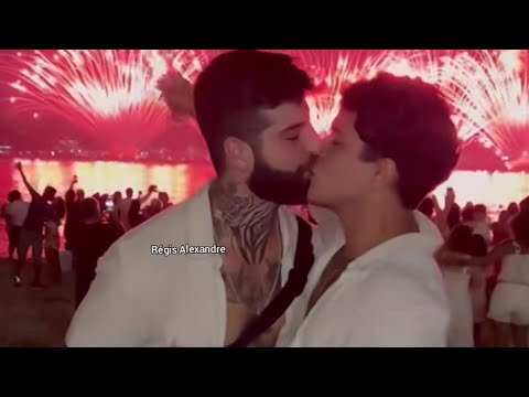 Gay Kisses much times new year fireworks 🎆 Beach